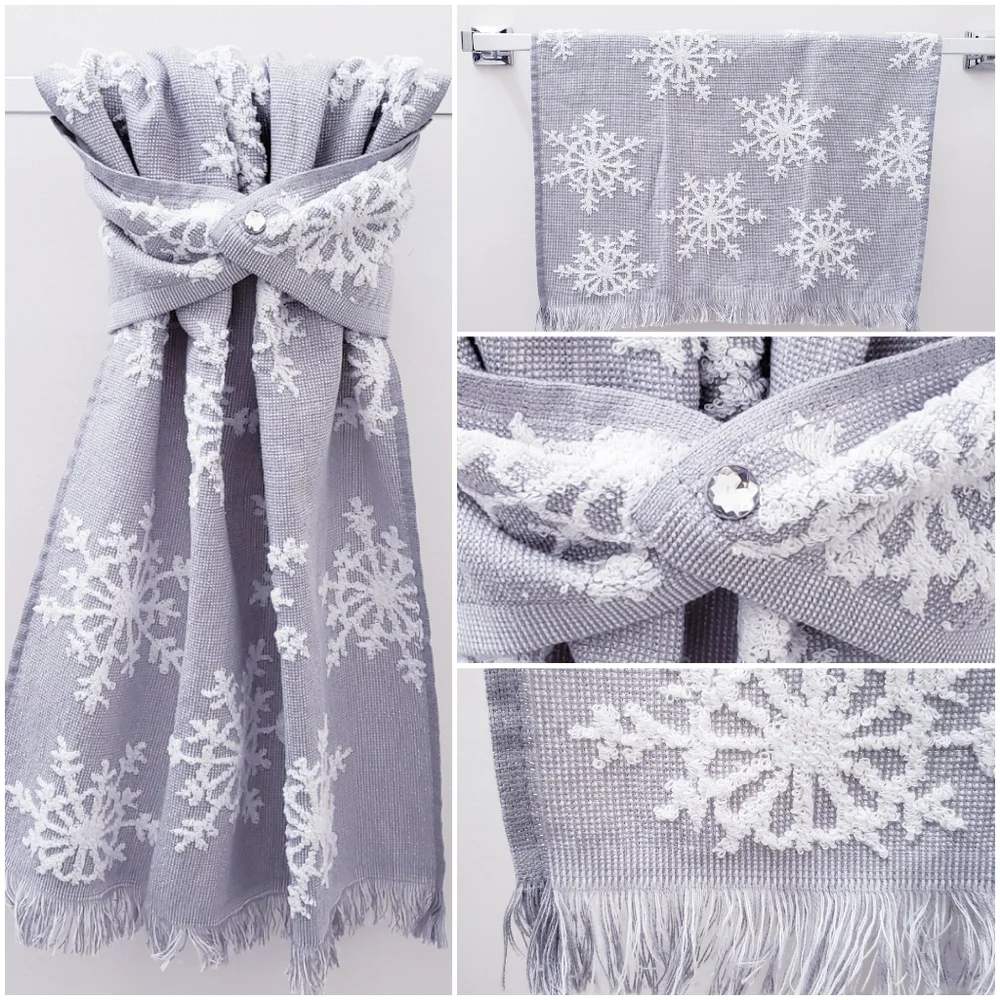 💚NEW!💚#0978-A ■White Snowflakes on Gray Hang'N'Snap Towel + CLEAR JEWEL snap🤍